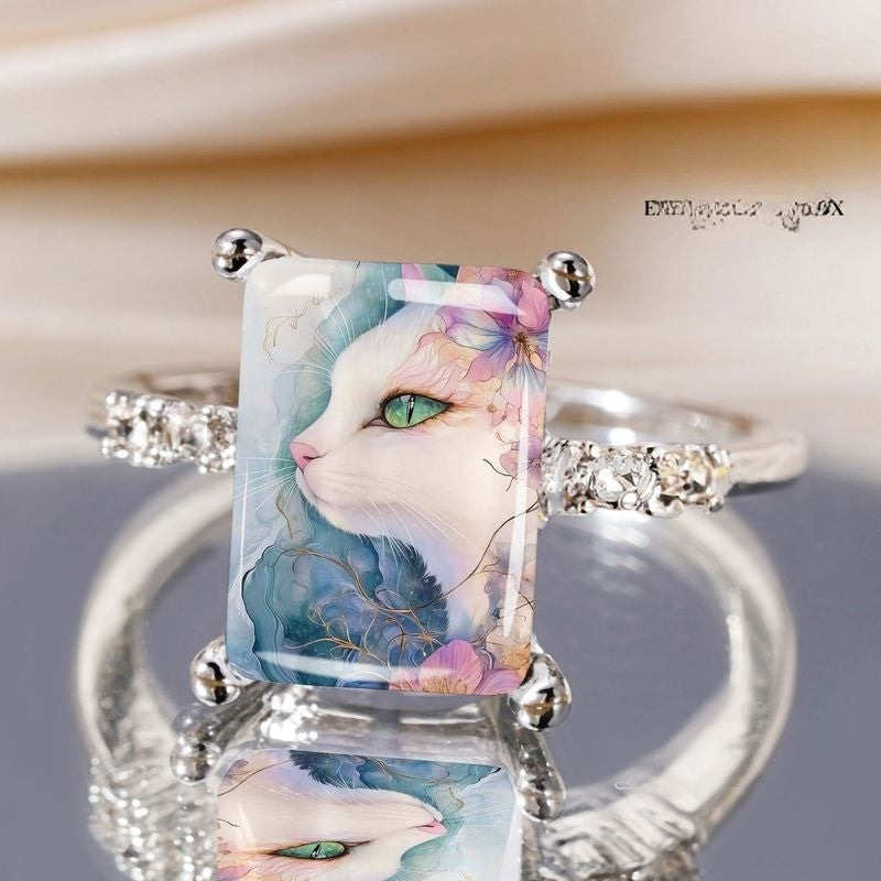 Watercolor Cat Rectangle Ring