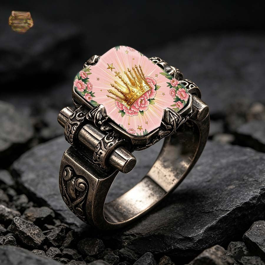 Pink Crown Floral Square Ring