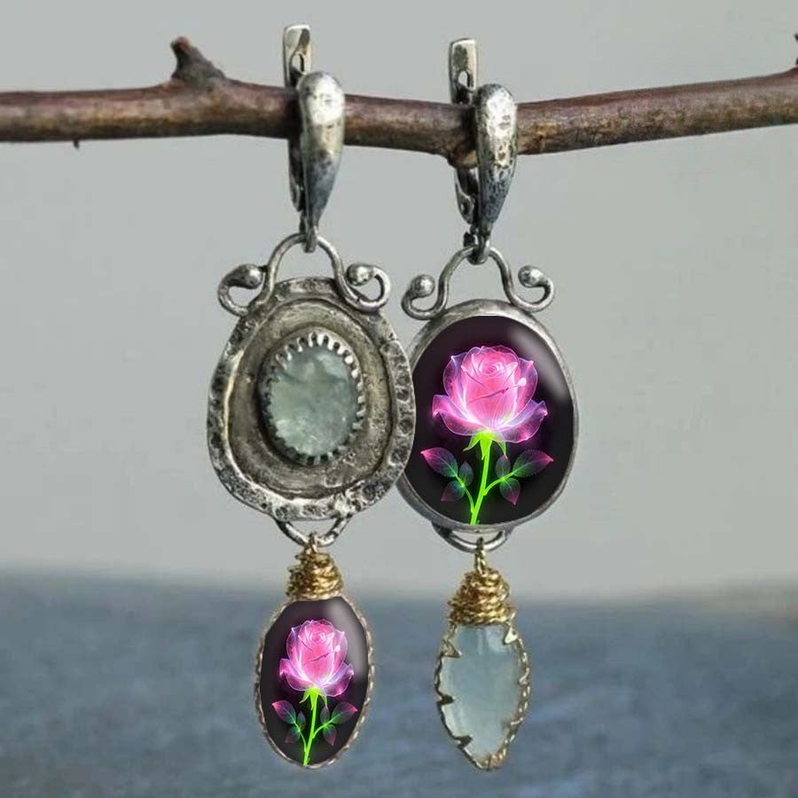 Asymmetrical Rose & Stone Drop Earrings