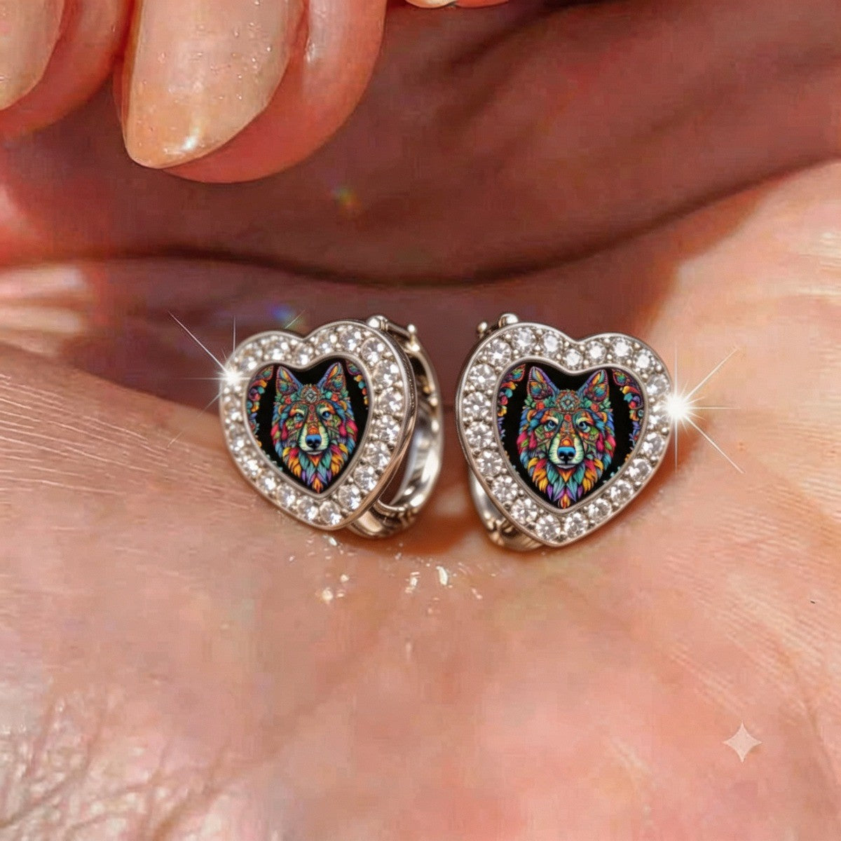 Colorful Wolf Heart Earrings