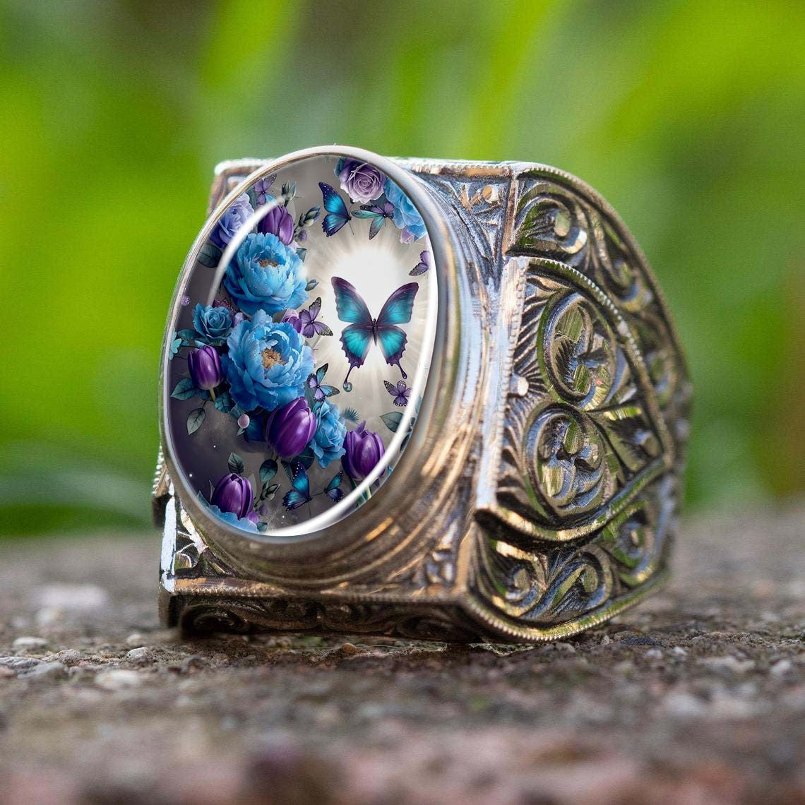 Blue Floral Butterfly Filigree Ring