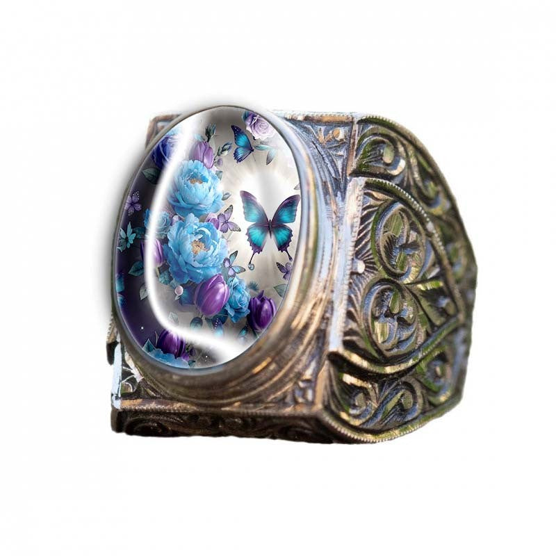 Blue Floral Butterfly Filigree Ring