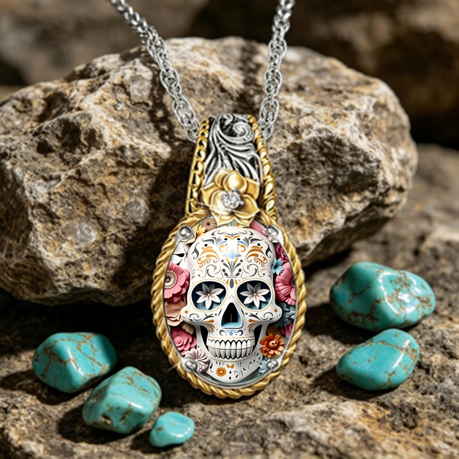 Floral Sugar Skull Pendant Necklace