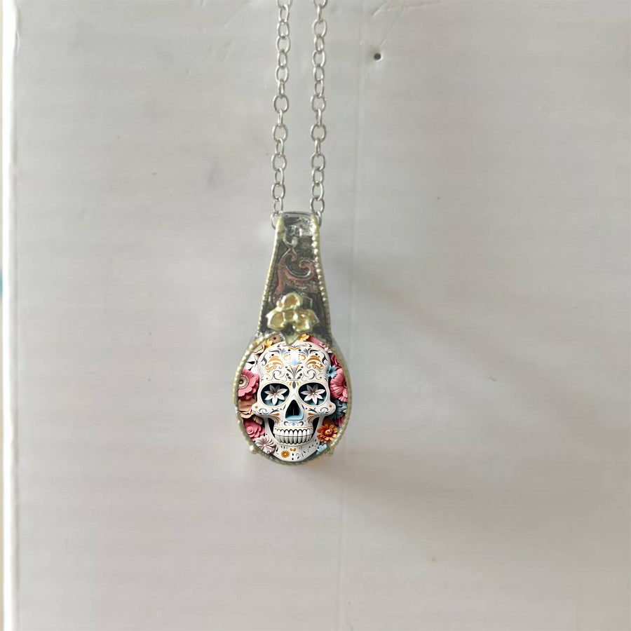 Floral Sugar Skull Pendant Necklace