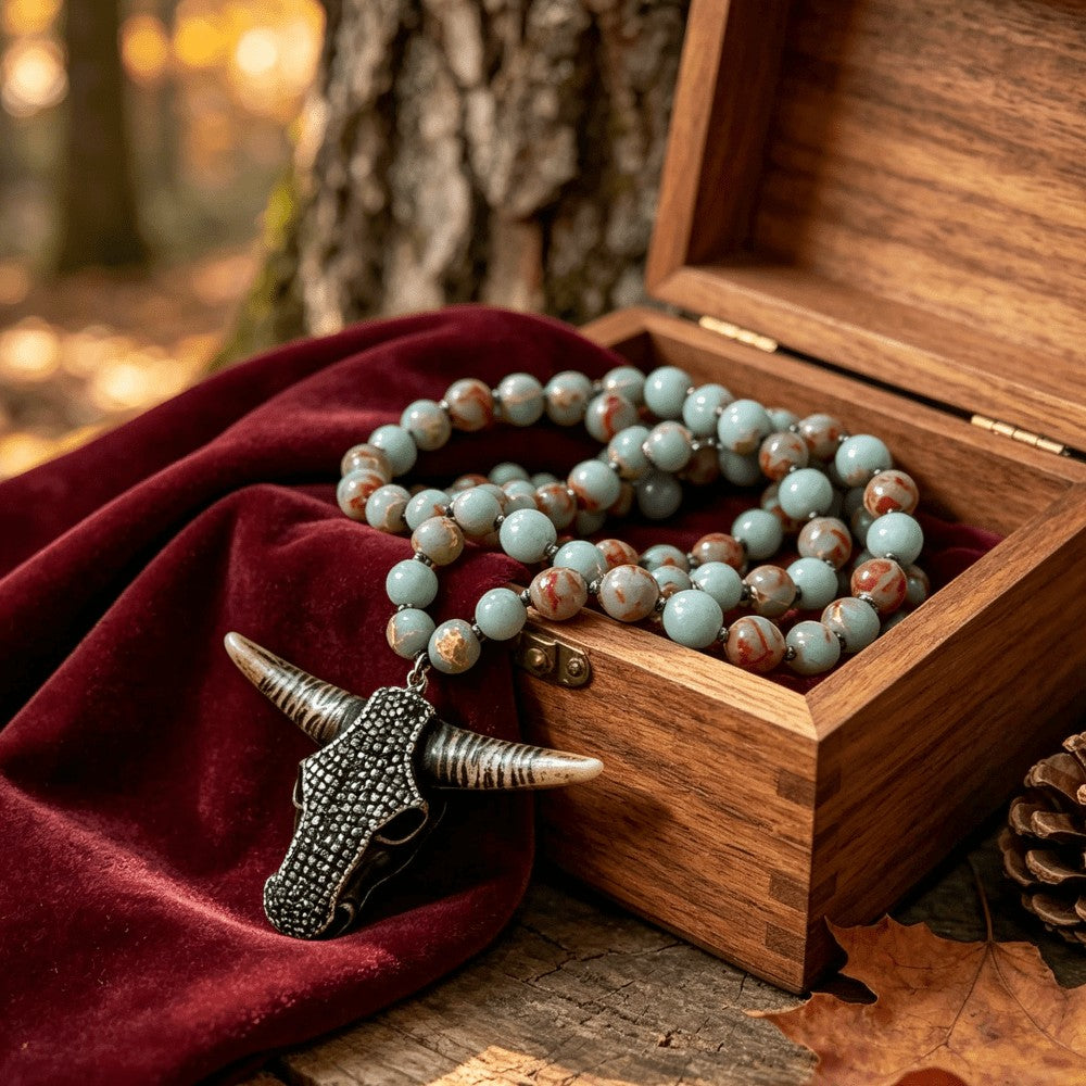 Speckled Stone Bull Skull Necklace