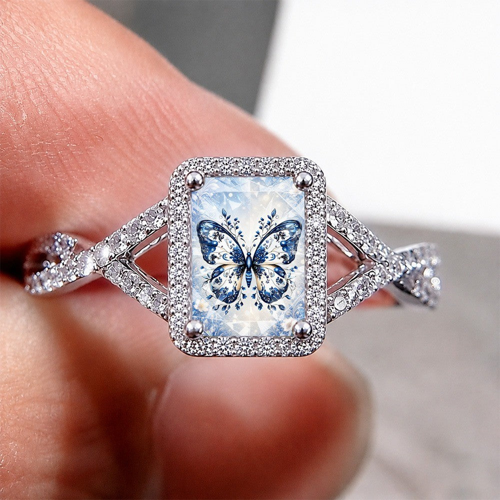 Blue Porcelain Butterfly Square Ring