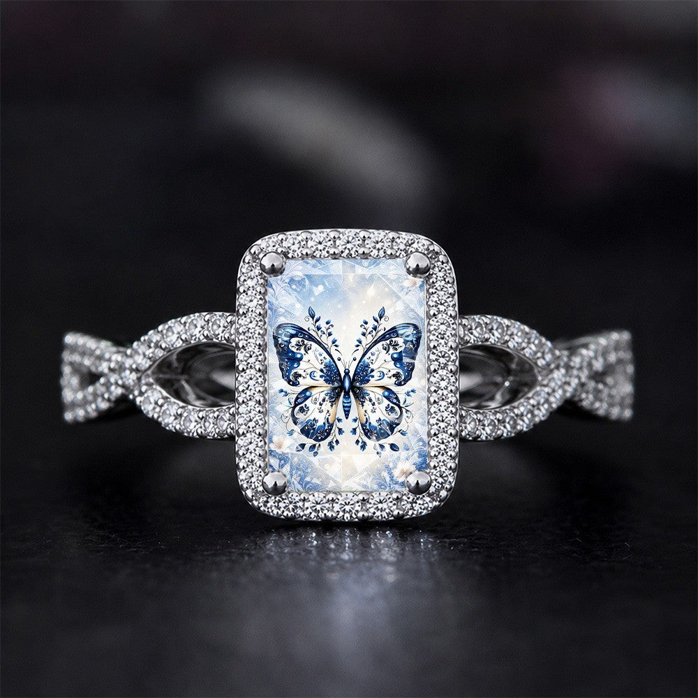 Blue Porcelain Butterfly Square Ring