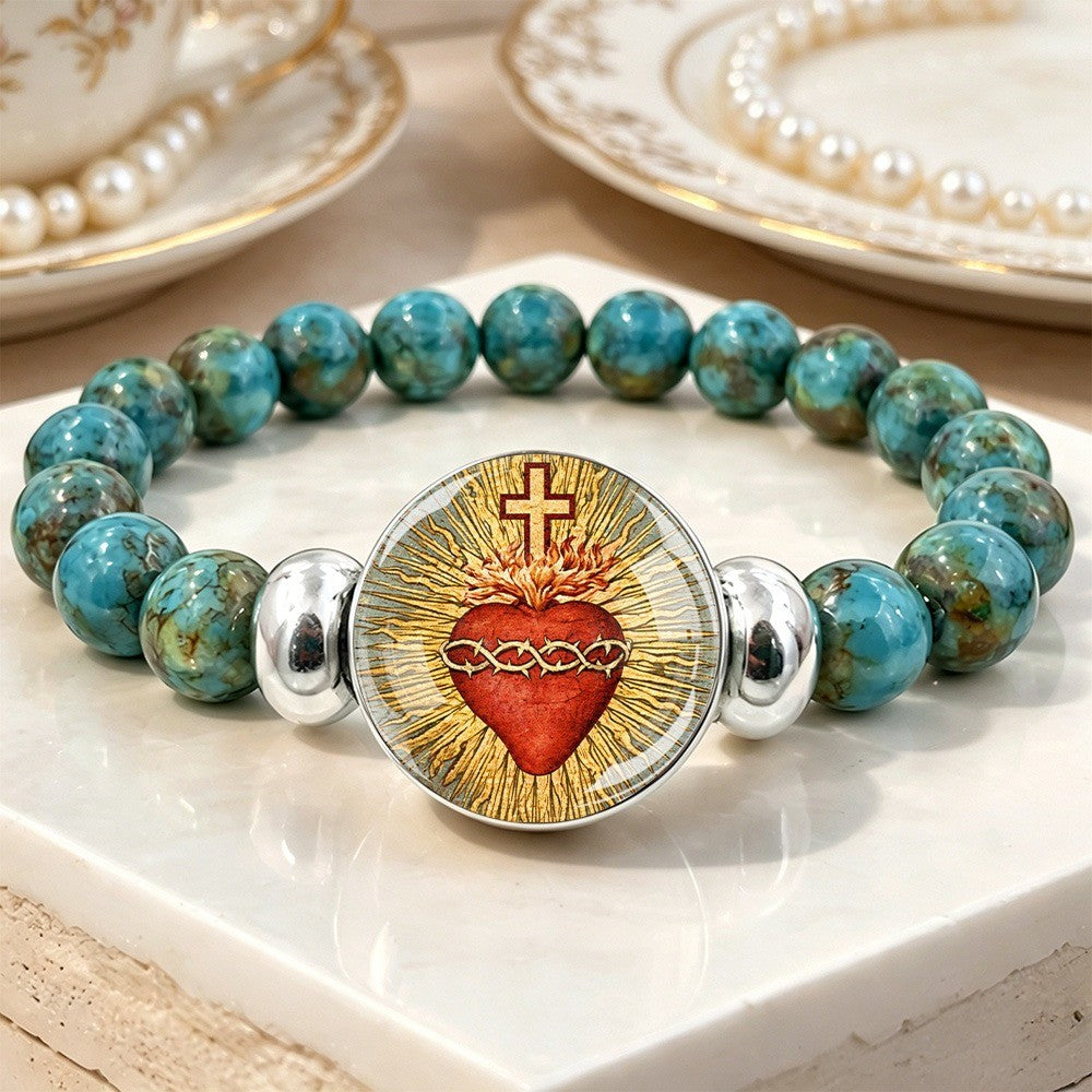 Sacred Heart & Cross Turquoise Bracelet