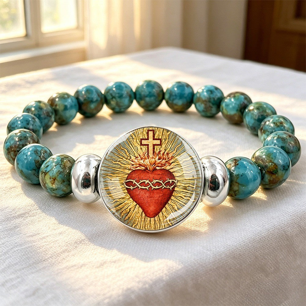 Sacred Heart & Cross Turquoise Bracelet