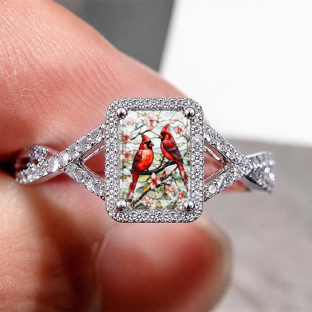 Red Bird Floral Square Ring