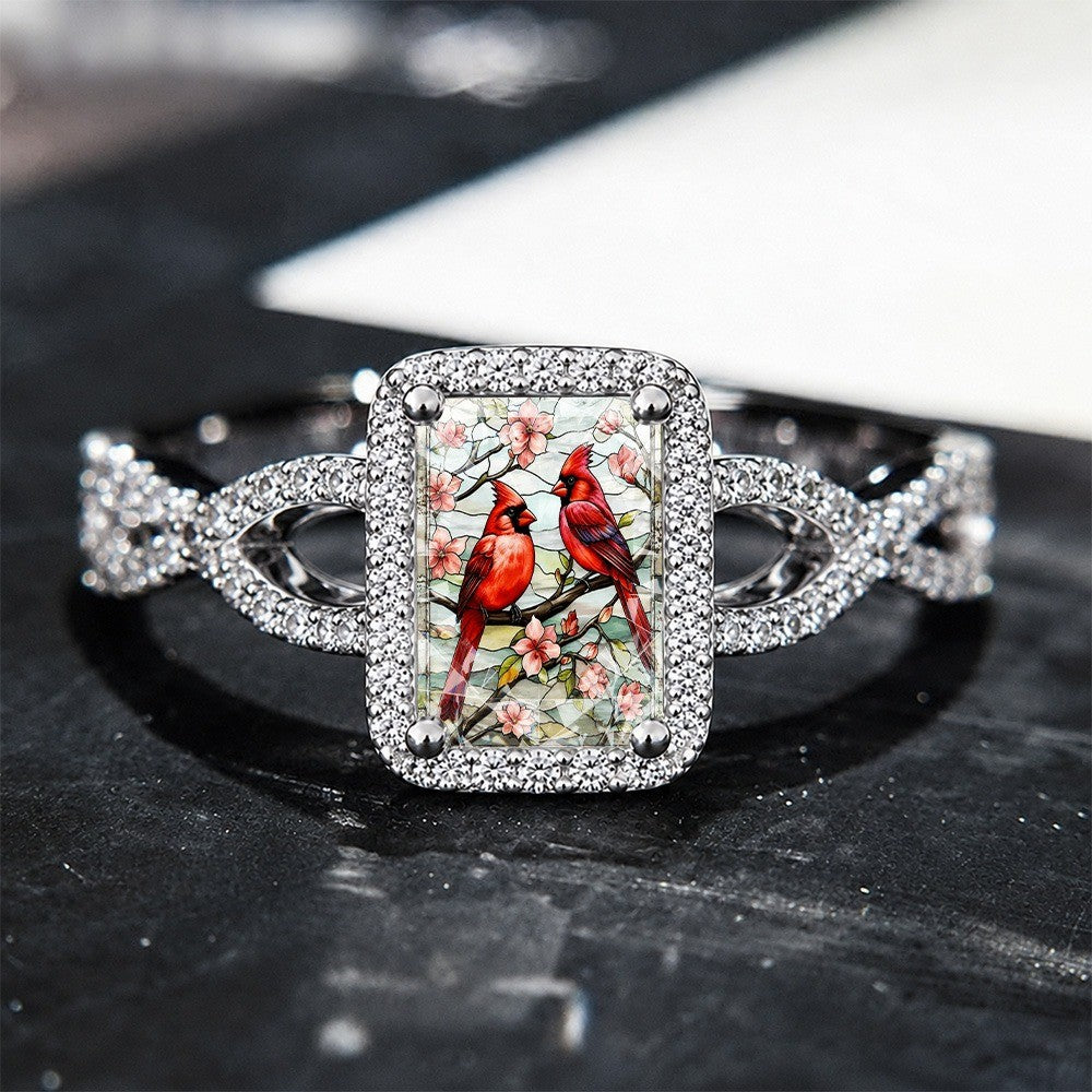 Red Bird Floral Square Ring