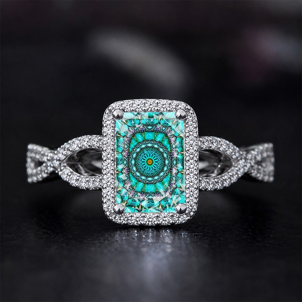 Teal Mandala Crystal Square Ring