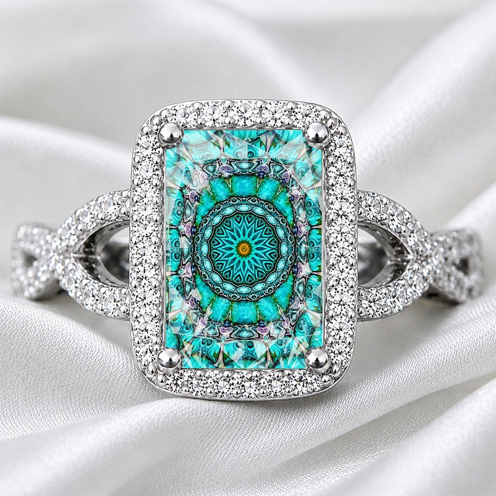 Teal Mandala Crystal Square Ring