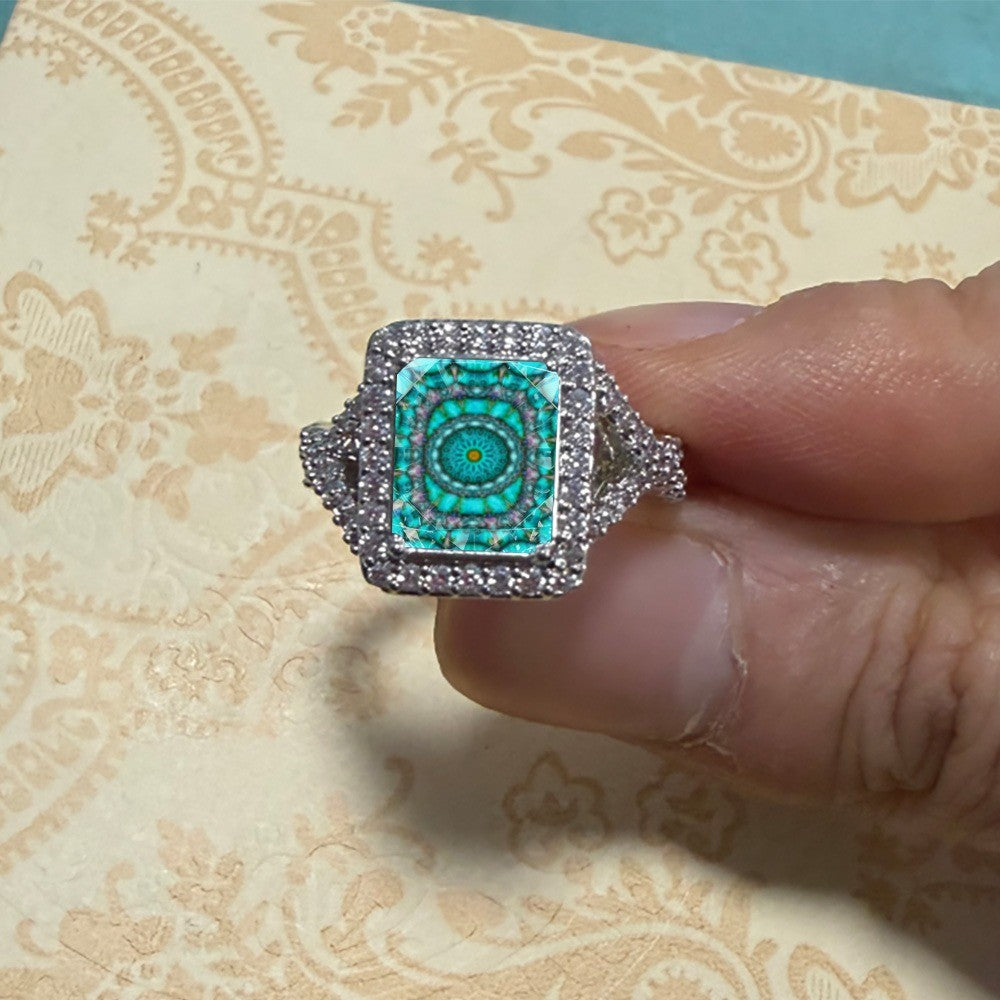 Teal Mandala Crystal Square Ring