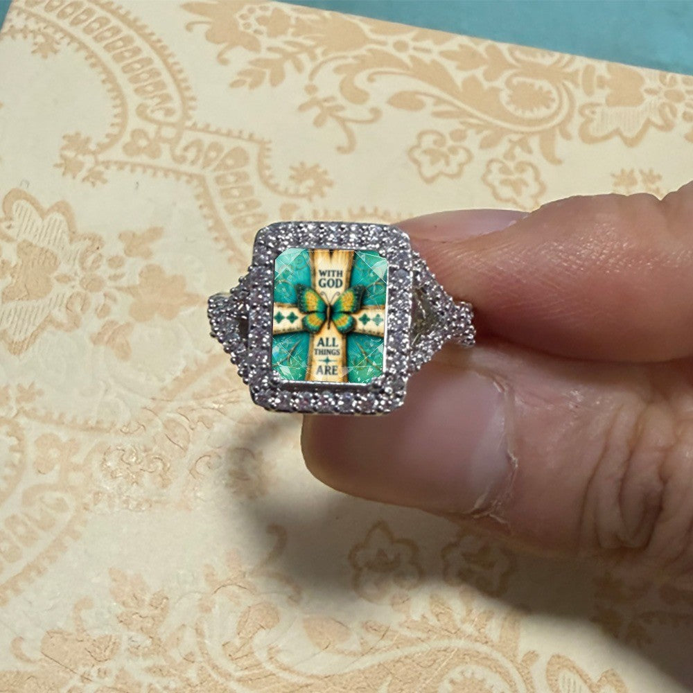 Teal Butterfly Faith Square Ring