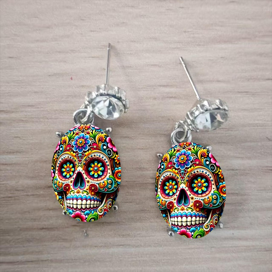 Colorful Floral Skull Drop Earrings