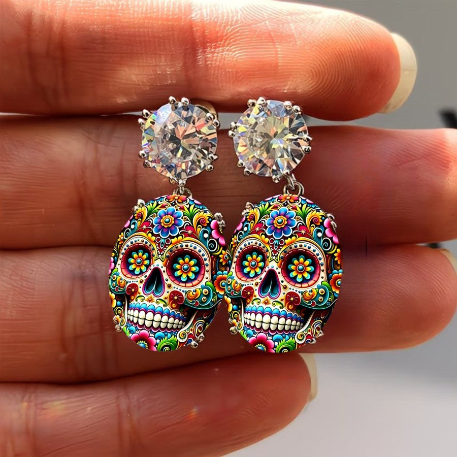 Colorful Floral Skull Drop Earrings
