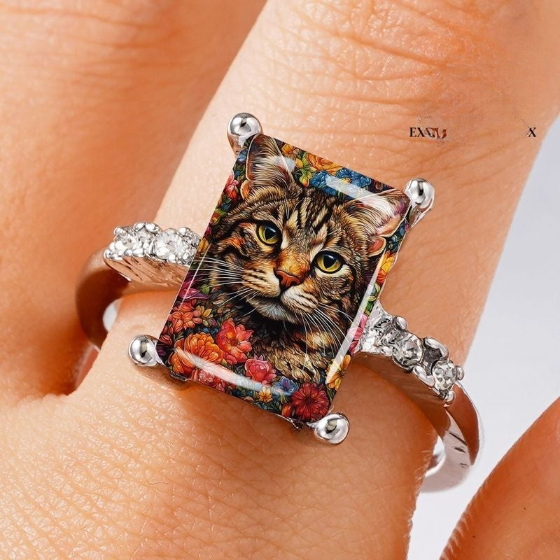 Tabby Cat Floral Rectangle Ring