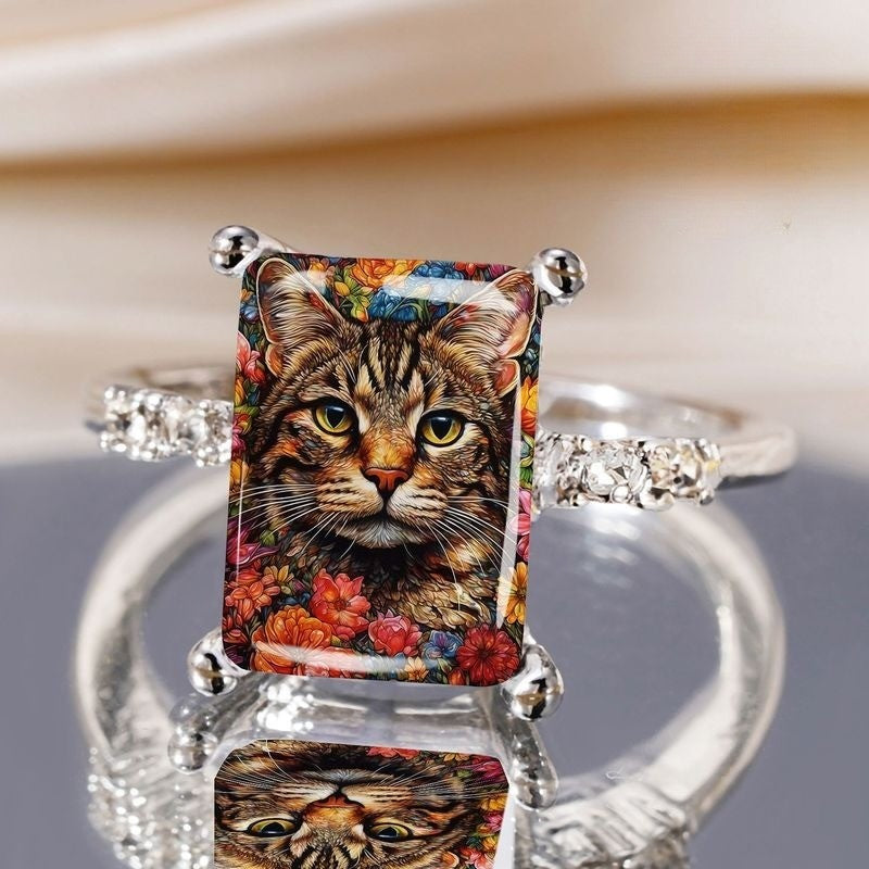Tabby Cat Floral Rectangle Ring