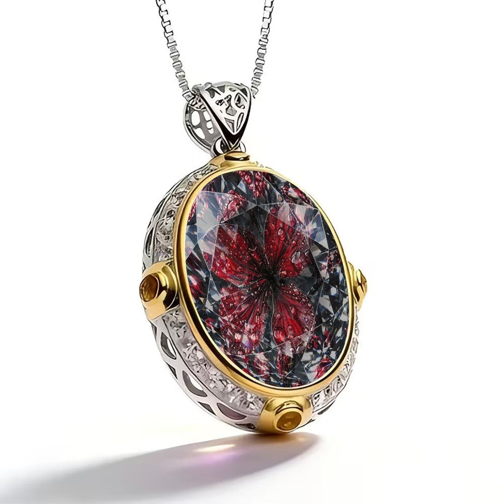Red Butterfly Oval Pendant Necklace