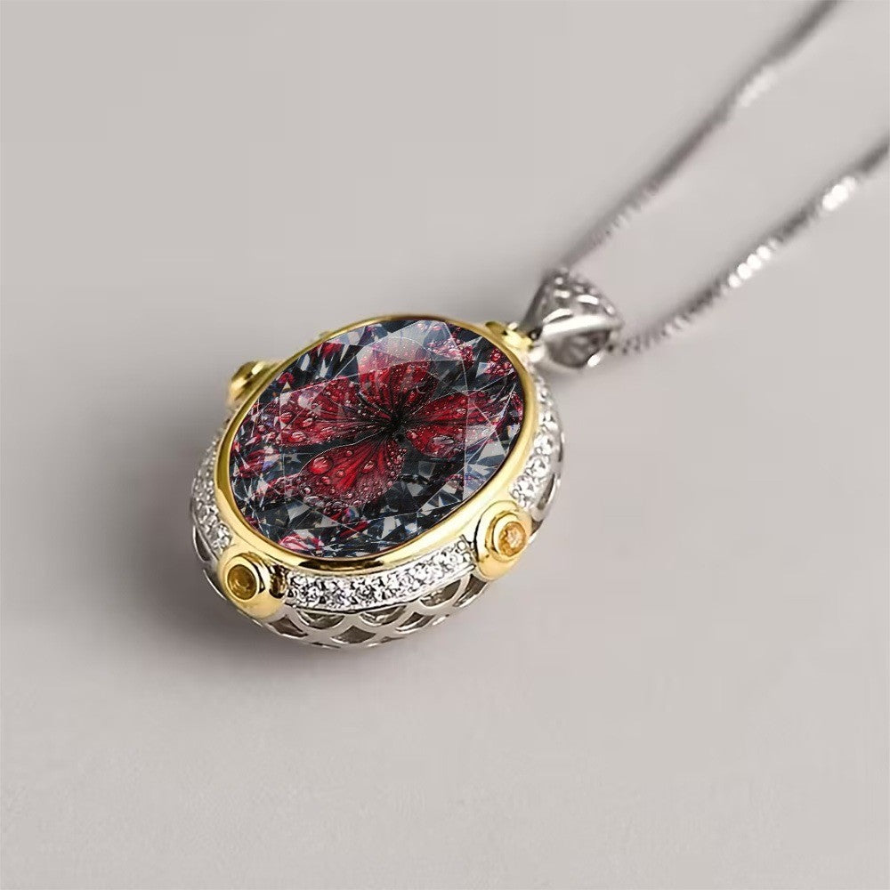 Red Butterfly Oval Pendant Necklace