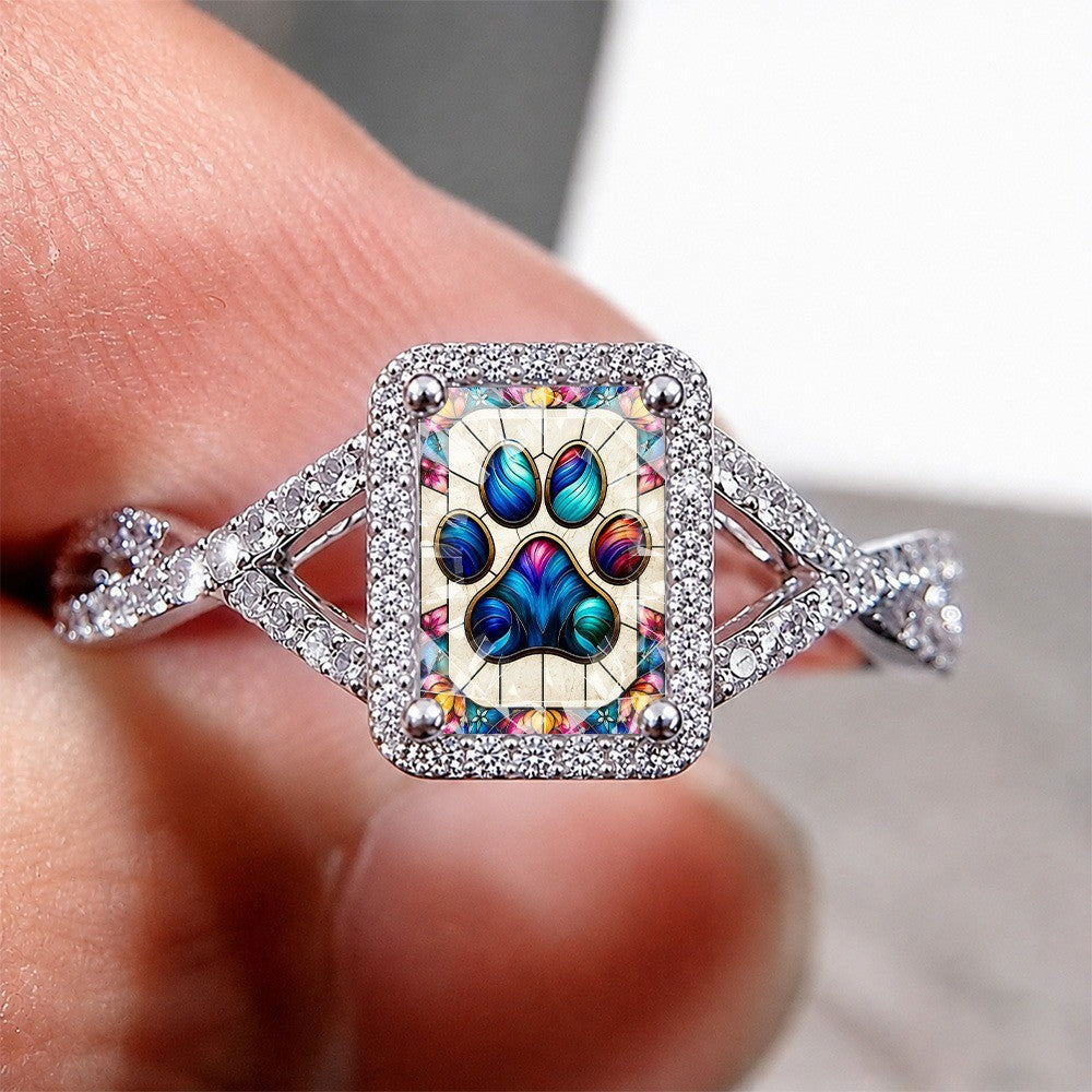Stained Colorful Paw Print Square Ring