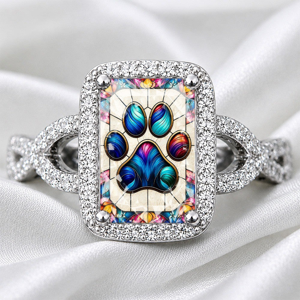 Stained Colorful Paw Print Square Ring
