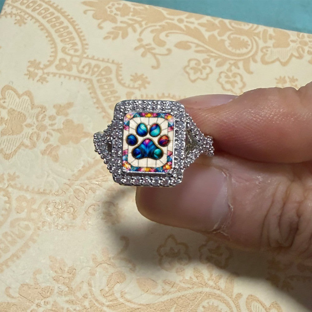 Stained Colorful Paw Print Square Ring