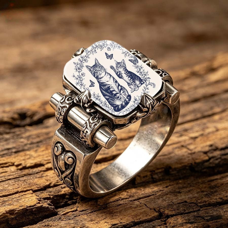 Blue Porcelain Cat Square Ring