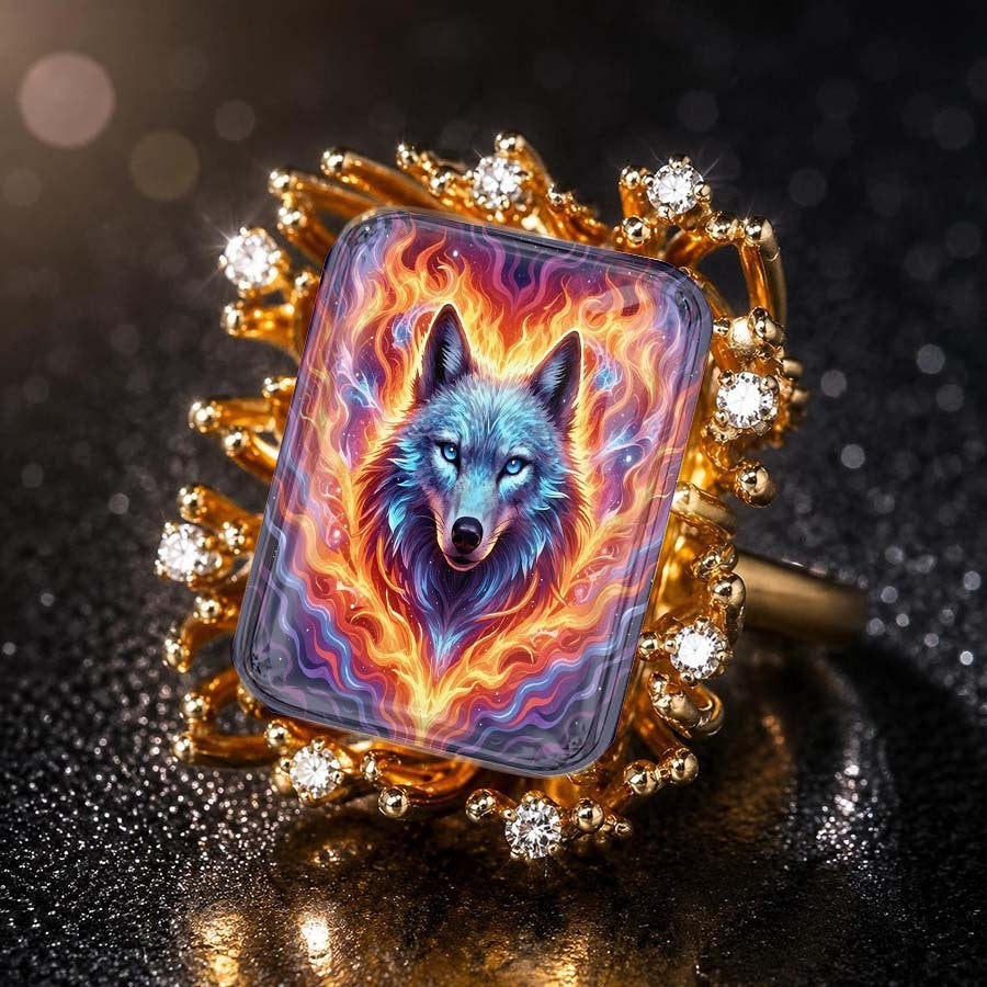 Colorful Wolf Statement Ring