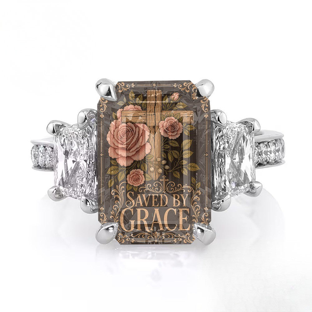 Saved By Grace Floral Cross Ring