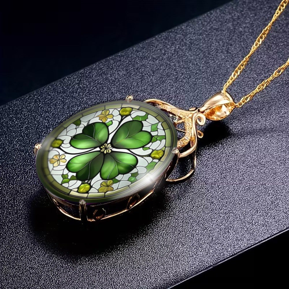 Green Clover Stained Glass Oval Necklace