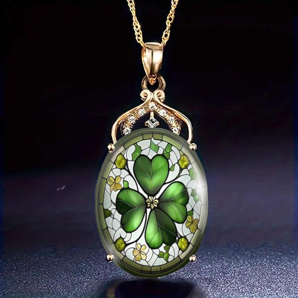 Green Clover Stained Glass Oval Necklace