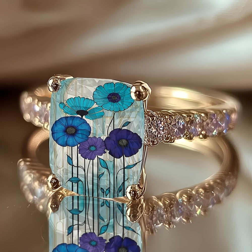 Blue Poppy Glass Square Ring