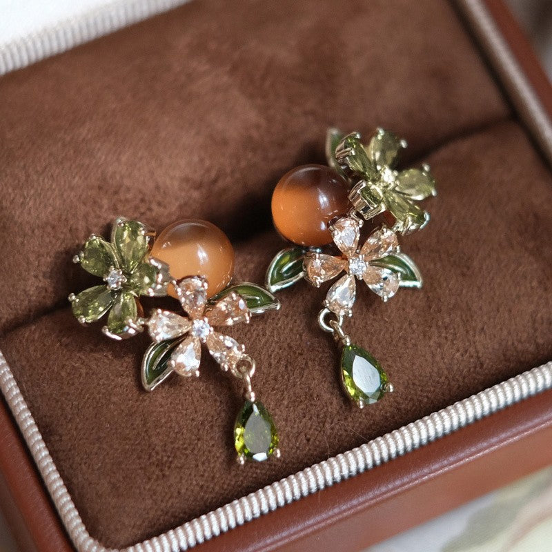 Green Leaf Floral Drop Earrings