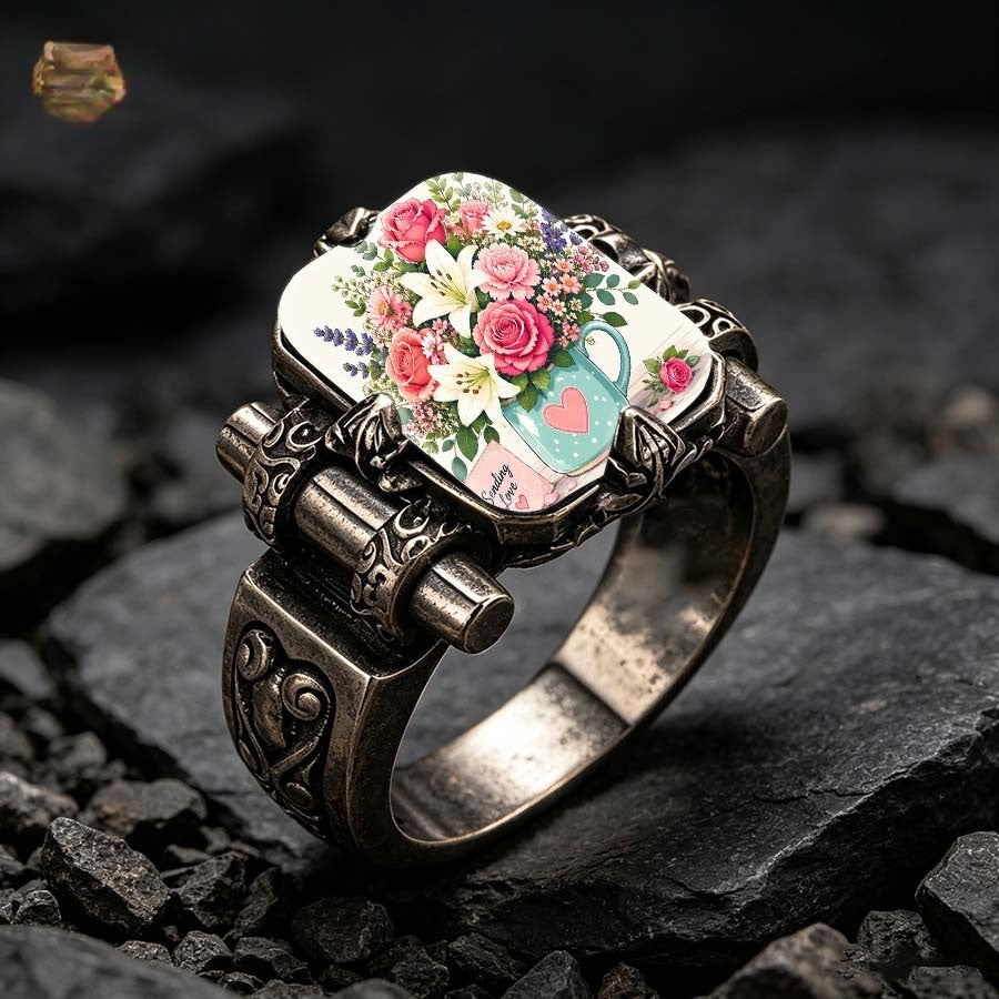 Floral Teacup & Heart Statement Ring