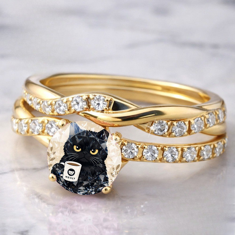 Black Cat Coffee Cup Crystal Ring