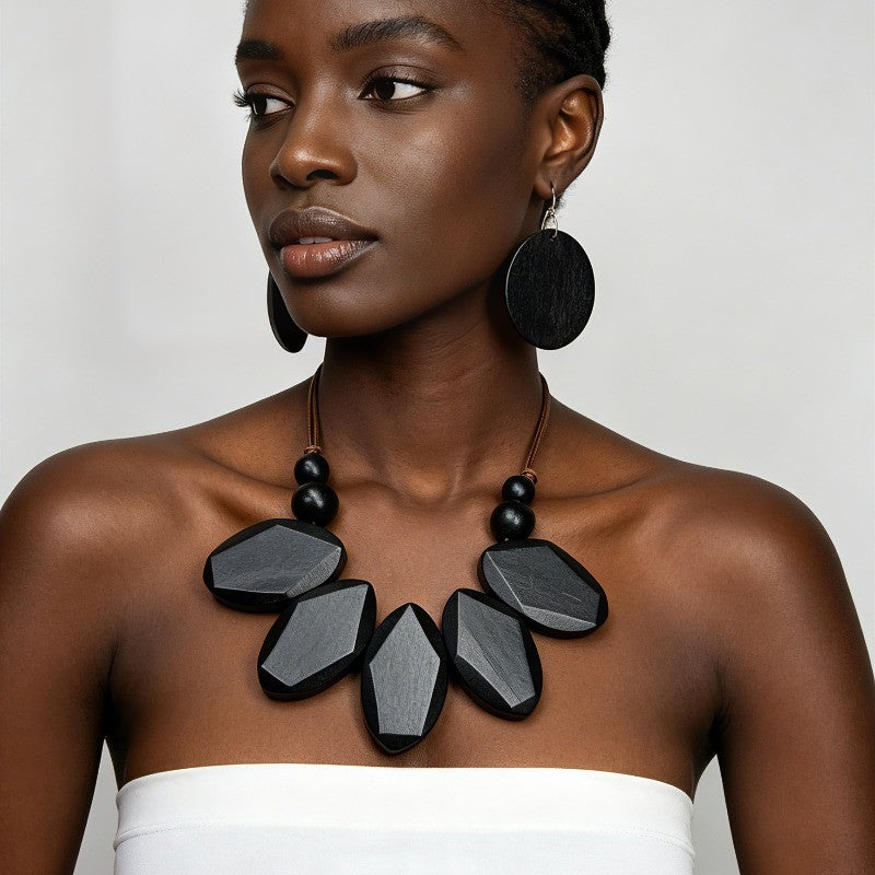Wood Bead & Geometric Statement Set