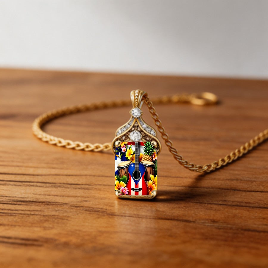 Tropical Guitar & Flag Pendant Necklace