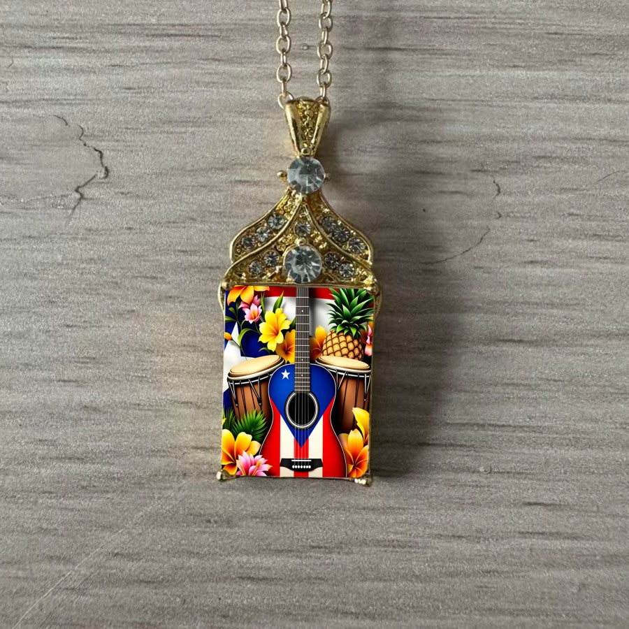 Tropical Guitar & Flag Pendant Necklace