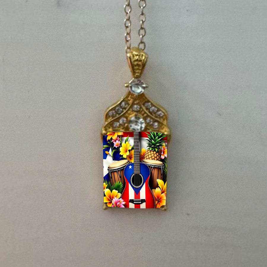 Tropical Guitar & Flag Pendant Necklace
