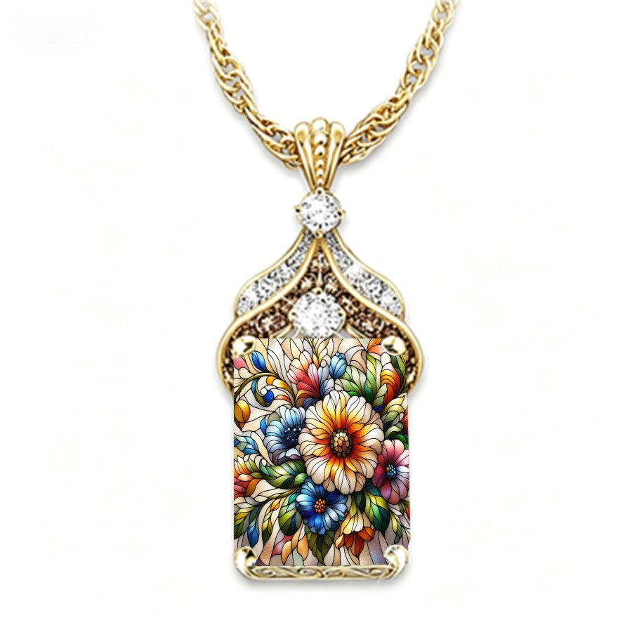 Colorful Floral Rectangle Pendant Necklace