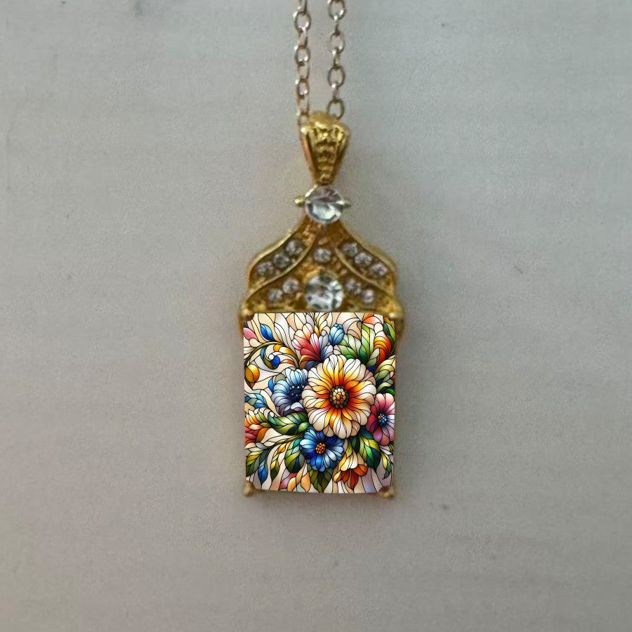Colorful Floral Rectangle Pendant Necklace