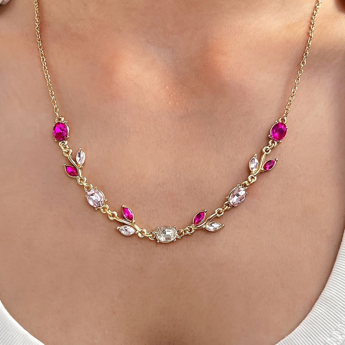 Rose Red & Crystal Leaf Necklace