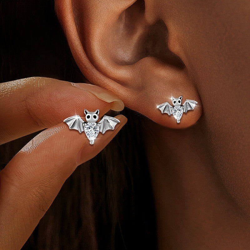 Silver Crystal Bat Stud Earrings