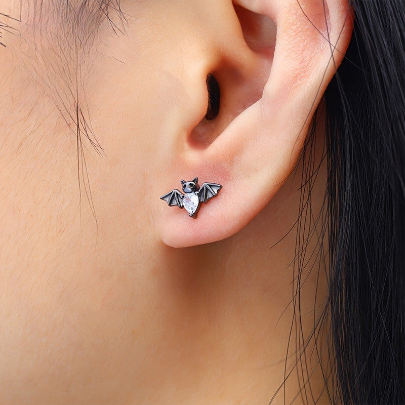 Silver Crystal Bat Stud Earrings