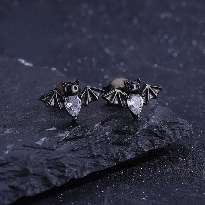 Silver Crystal Bat Stud Earrings