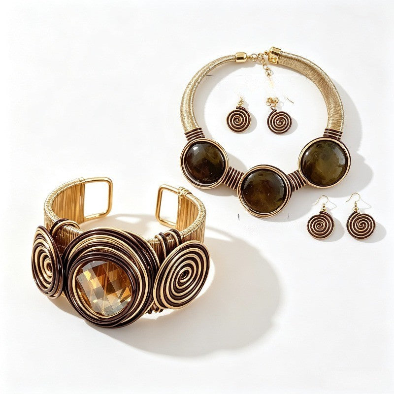 Amber Spiral Wire Wrap Jewelry Set
