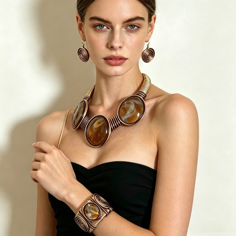 Amber Spiral Wire Wrap Jewelry Set