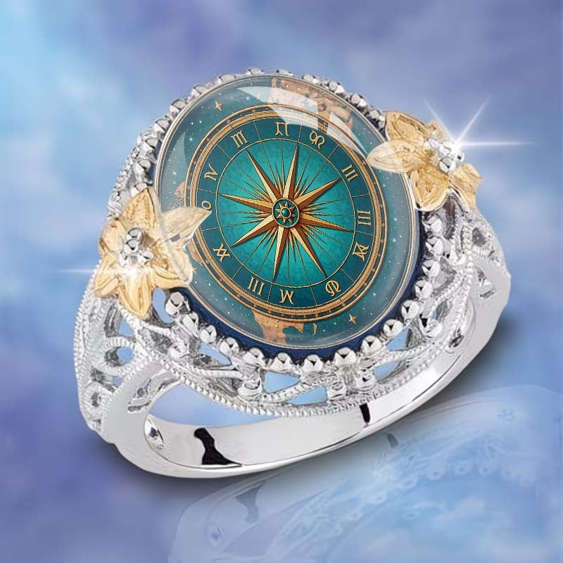 Teal Compass & Floral Statement Ring